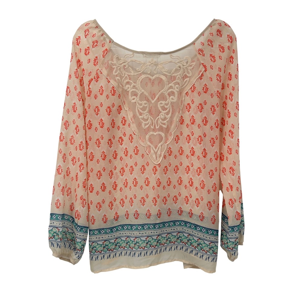 Blu Pepper Boho Sheer Peasant Blouse‎ Cream Coral Print Embroidered Back Size L - Picture 3 of 6